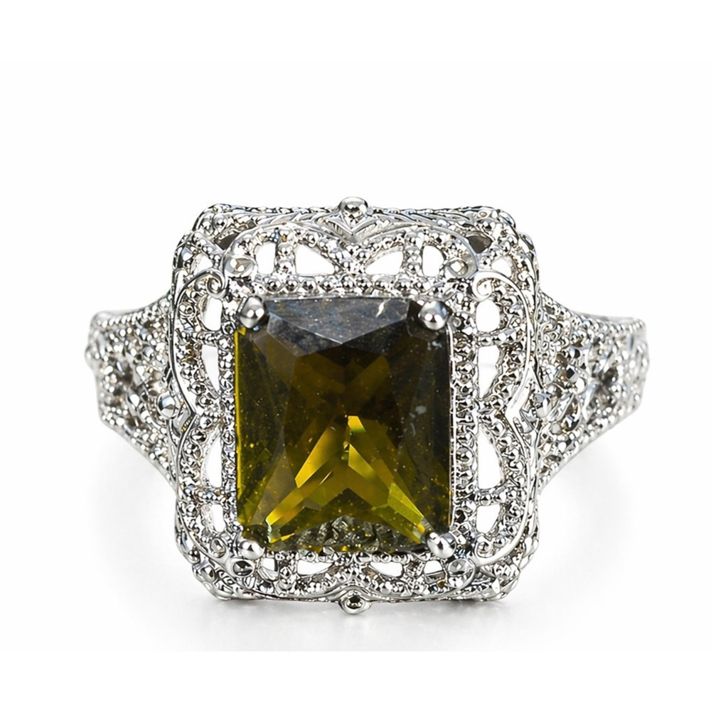 Vintage Silver Ring Citrine Glass Rhinestone Filigree Cocktail 925 Size 9 TN26